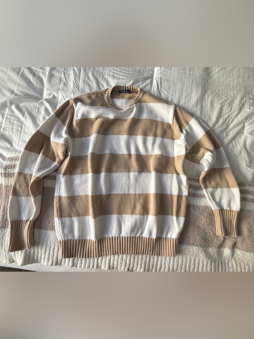 Brandy Melville Beige and White Striped Crewneck Sweater